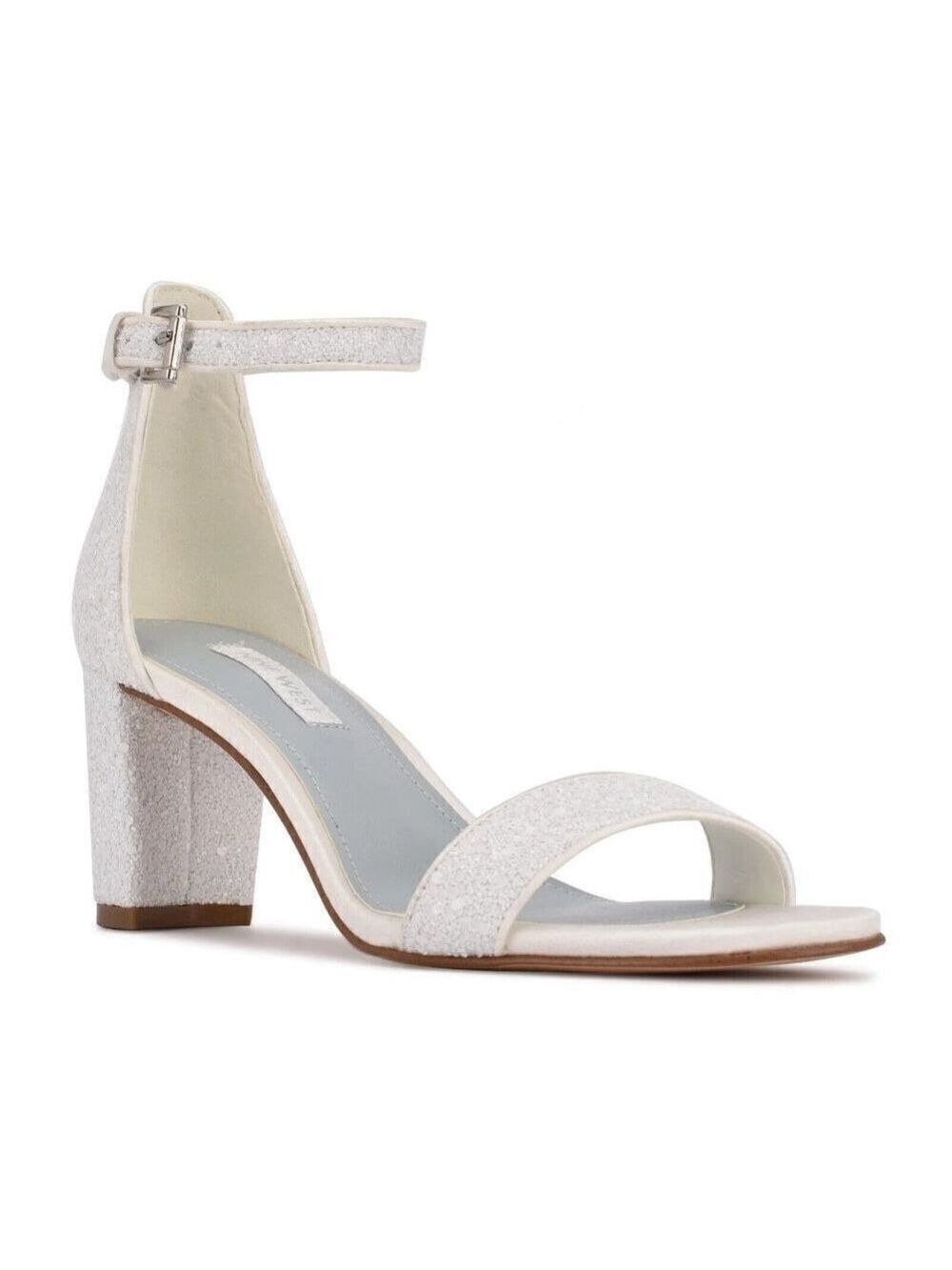 NINE West "Pruce" Silver Glitter Block Heel Ankle Strap Womens New Sandal
